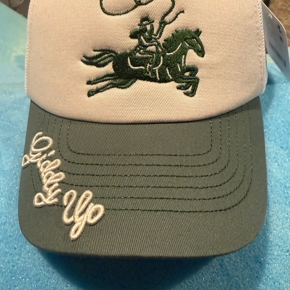 Free People Green and White Adjustable Embroidered Cowboy Hat NWT